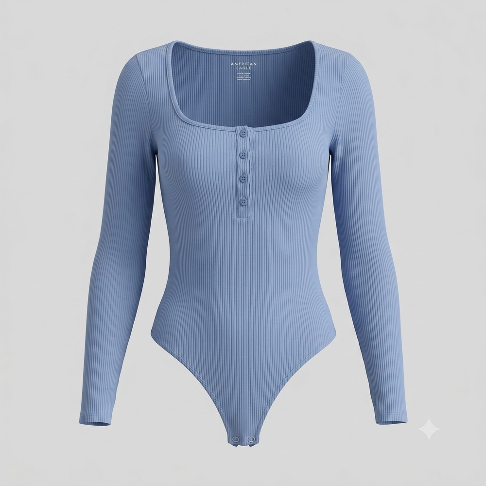 American Eagle Womens XS Blue Bodysuit Henley Long Sleeve Ribbed Scoop Neck